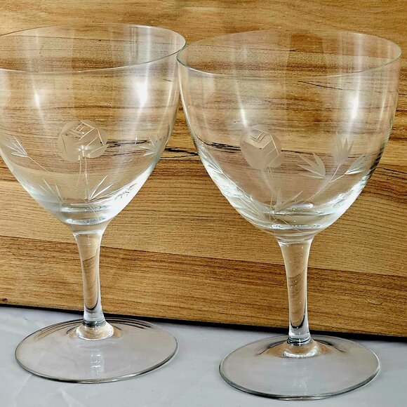 2 Cut Glass Rose Water Glasses 6" vtg ice tea wine goblets etched floral 10oz - Picture 5 of 7